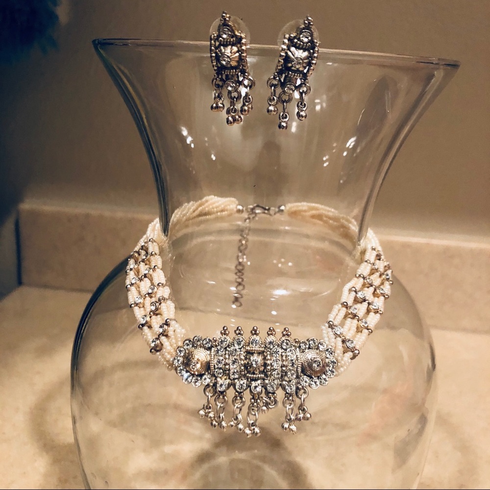 Silver Tone Choker & Earrings Set with Beads
